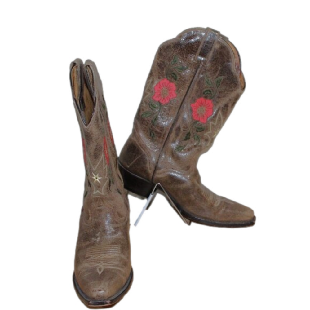 BEAUTIFUL LADIES J.B. DILLON WESTERN BOOTS - 9 - BROWN WITH FLOWER